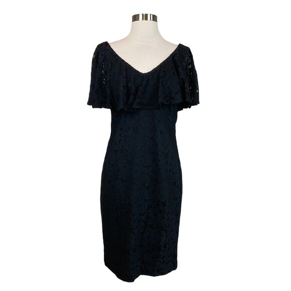 Ralph Lauren Black Lace Cocktail Dress Size 8 Ruffled V-Neck Short Sleeve Sheath - Picture 1 of 12